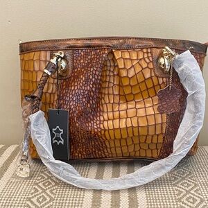 NWT M.C. Crocodile embossed brown leather satchel shoulder bag. Old money classy
